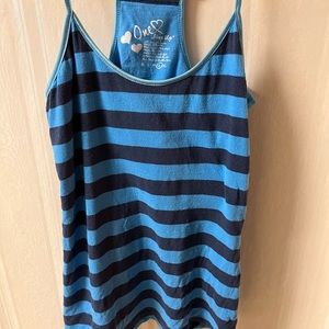 Light and dark blue striped tank with inner padding/bra. One Step Up brand.